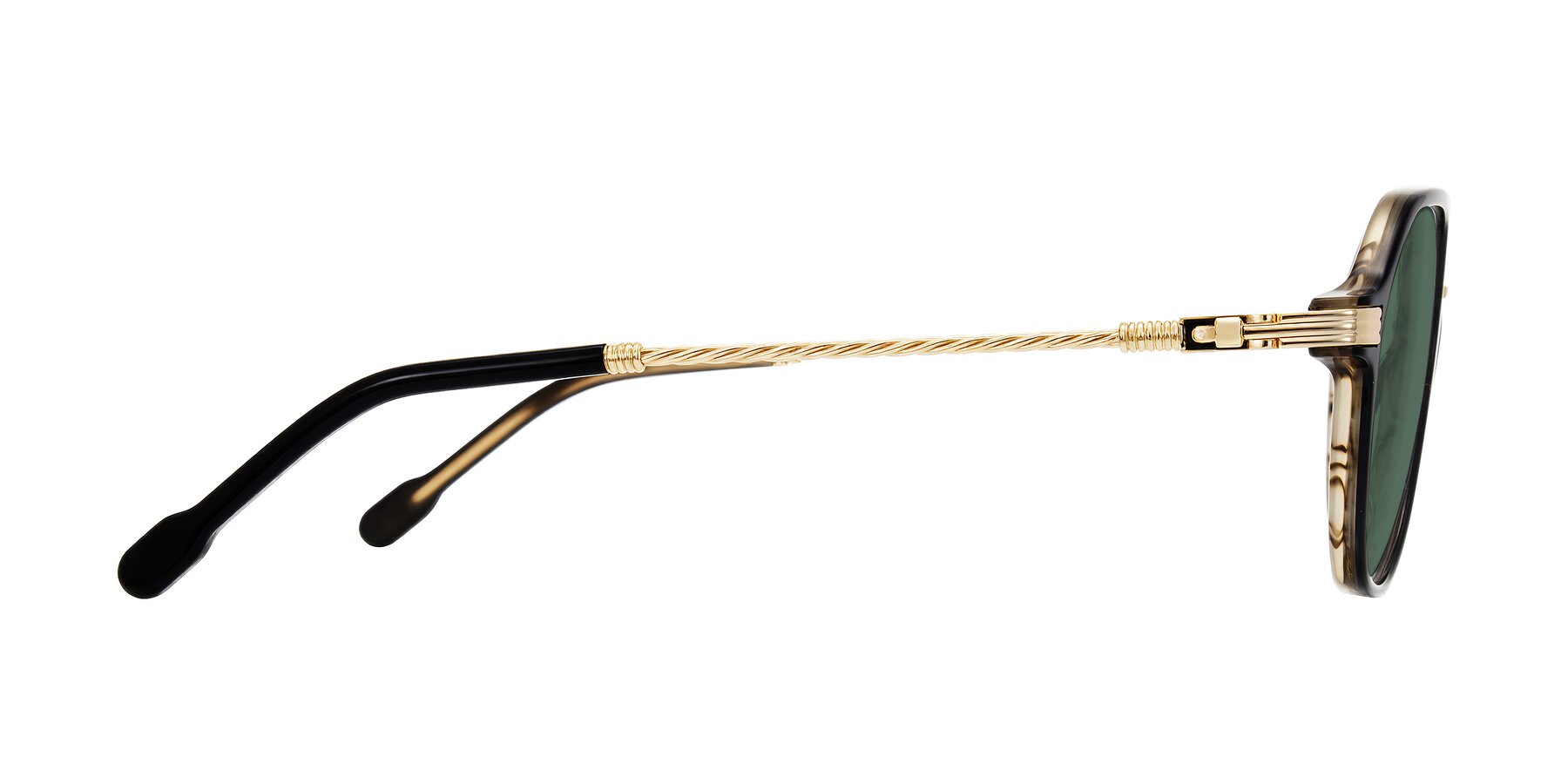 Side of Kanause in Black Brown Striped/Gold with Green Polarized Lenses