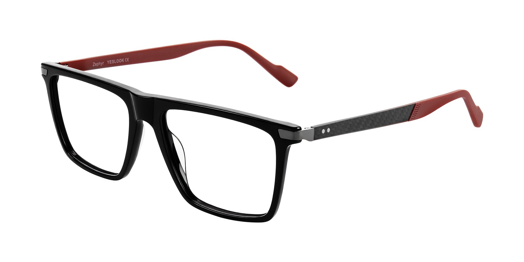 Angle of Zephyr in Black/Red with Clear Eyeglass Lenses