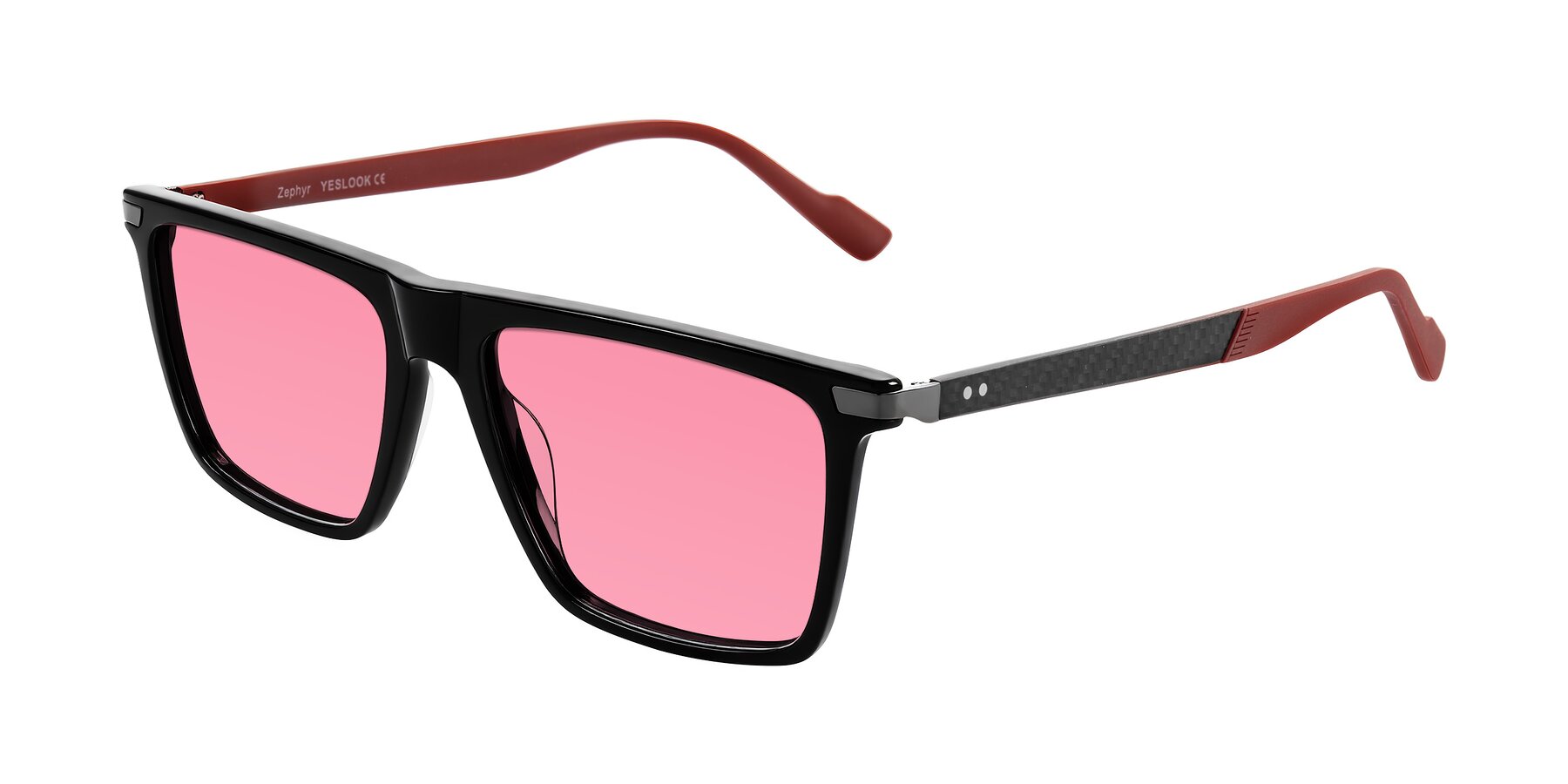 Angle of Zephyr in Black/Red with Pink Tinted Lenses