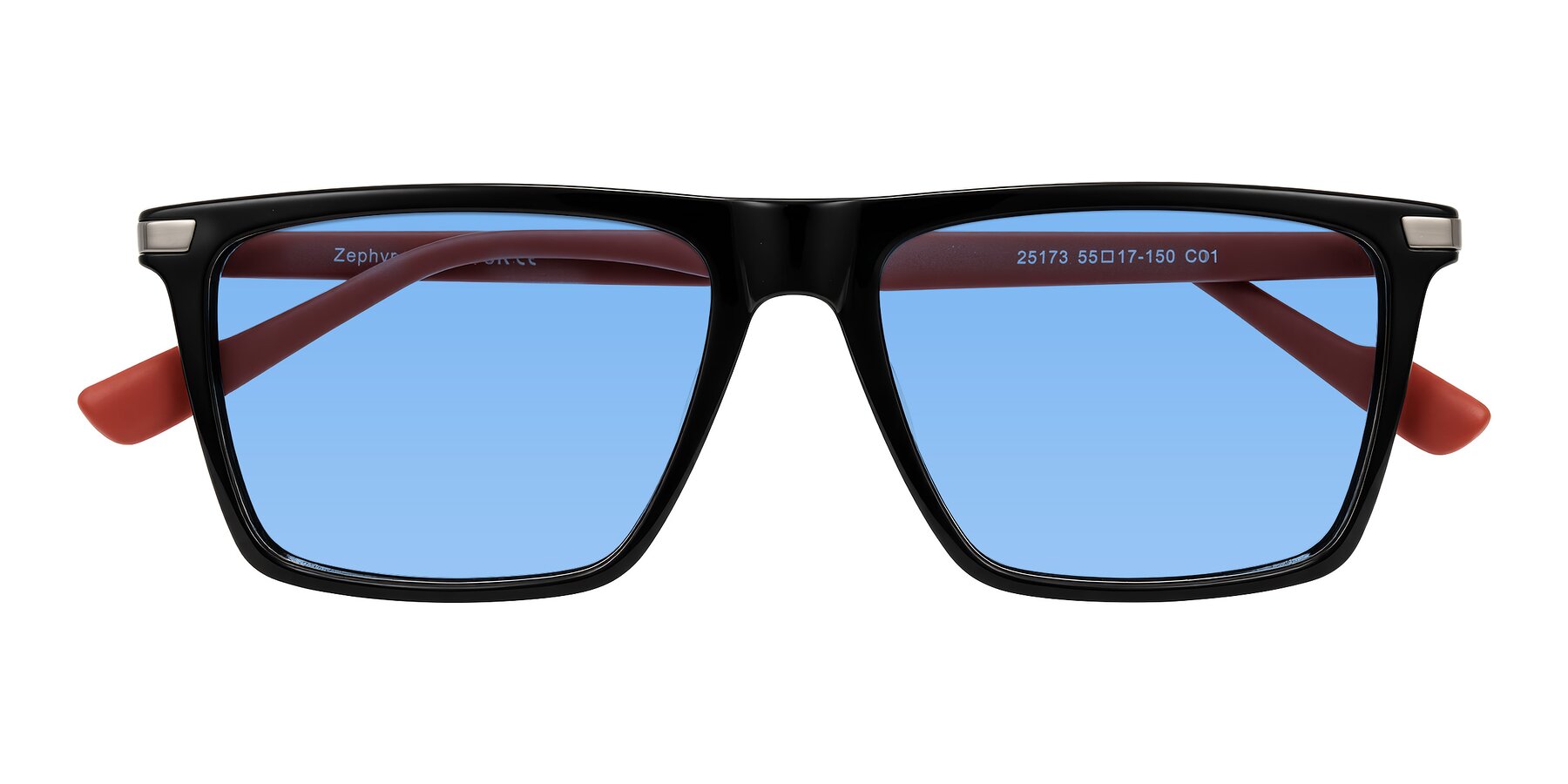 Folded Front of Zephyr in Black/Red with Medium Blue Tinted Lenses