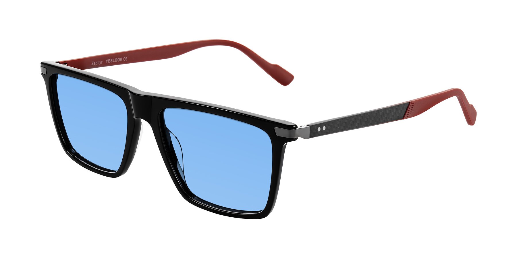 Angle of Zephyr in Black/Red with Medium Blue Tinted Lenses