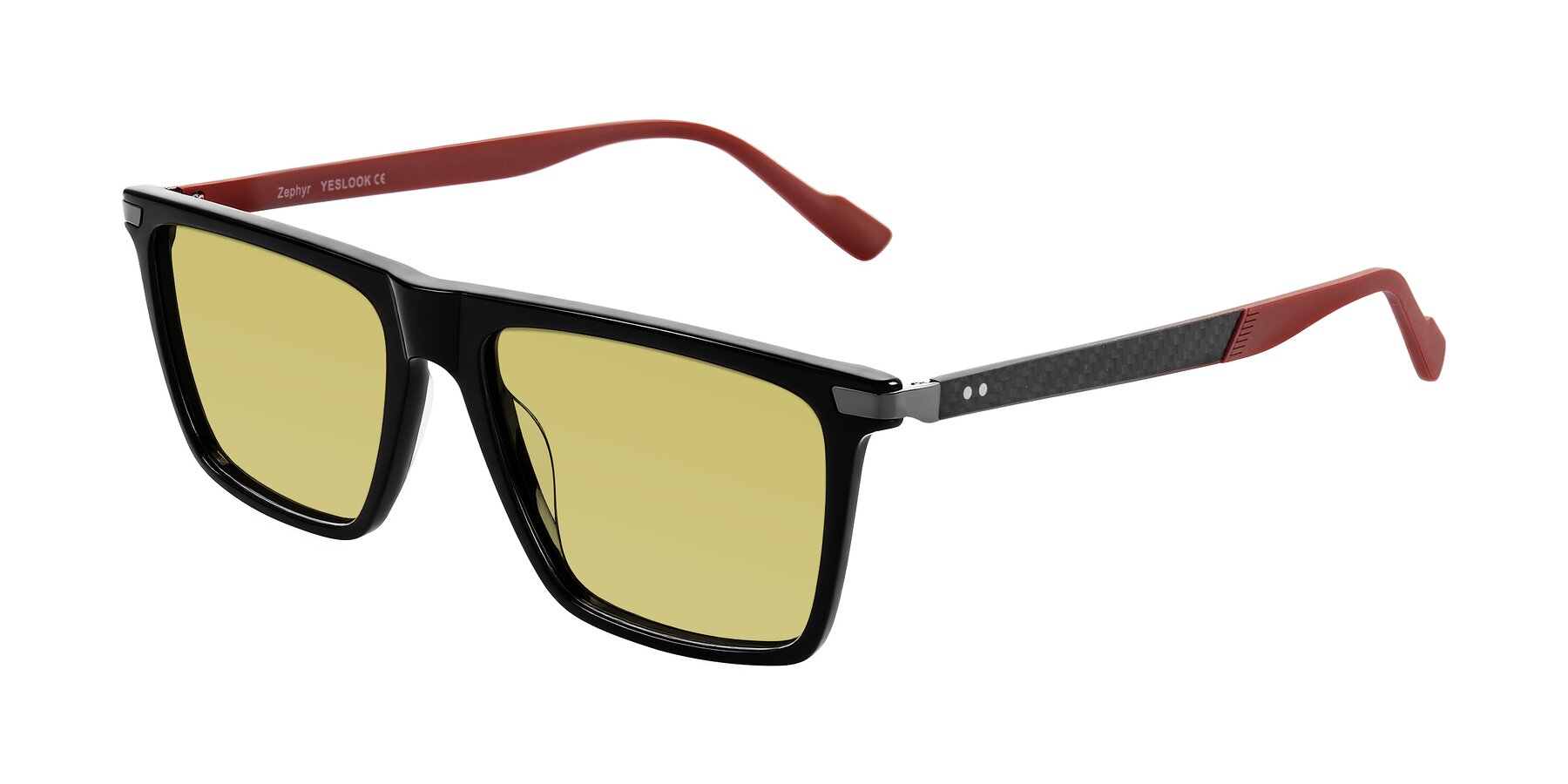 Angle of Zephyr in Black/Red with Medium Champagne Tinted Lenses