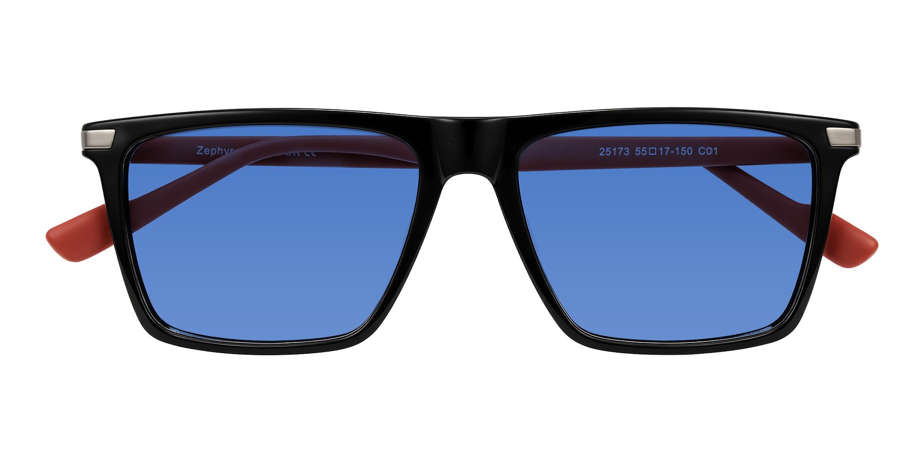 Folded Front of Zephyr in Black/Red with Blue Tinted Lenses