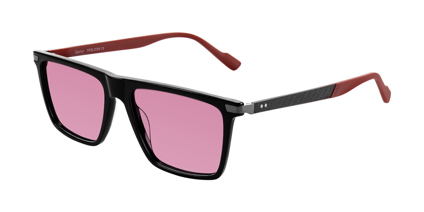 Angle of Zephyr in Black/Red with Medium Wine Tinted Lenses