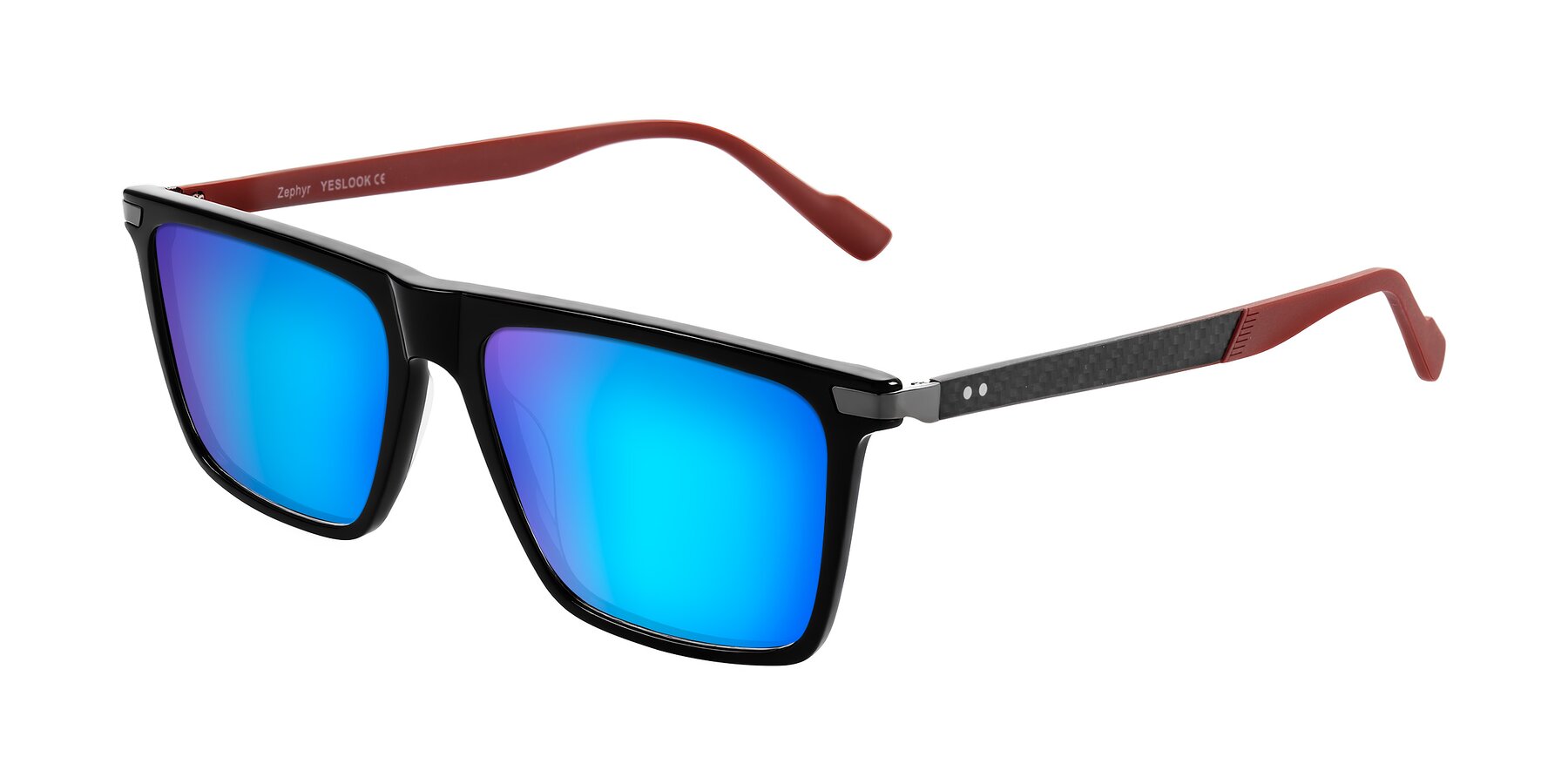 Angle of Zephyr in Black/Red with Blue Mirrored Lenses