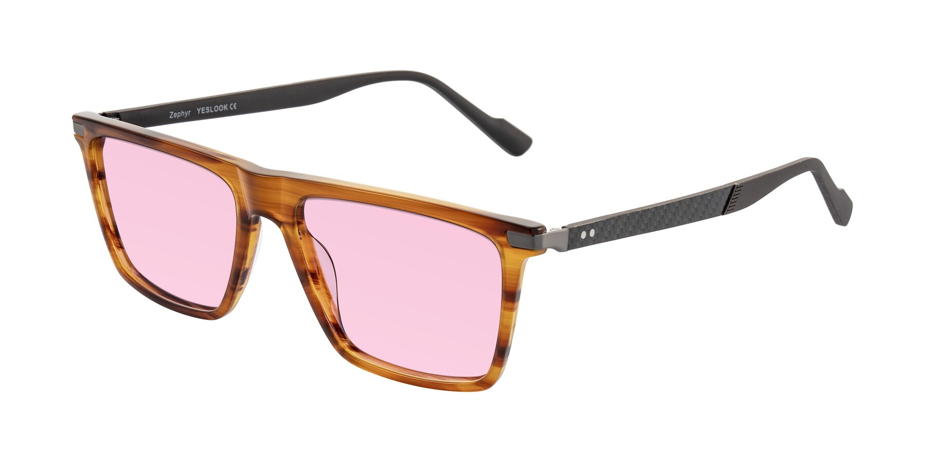 Angle of Zephyr in Amber Striped/Gray with Light Pink Tinted Lenses