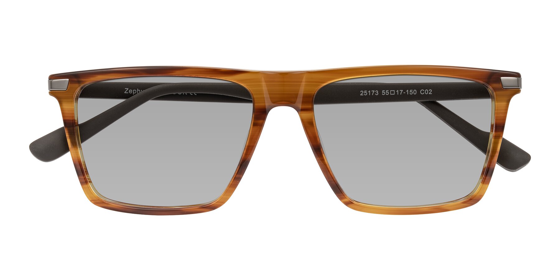 Folded Front of Zephyr in Amber Striped/Gray with Light Gray Tinted Lenses