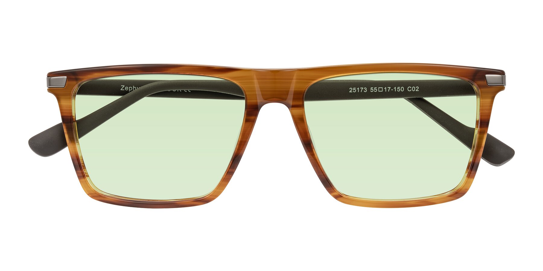 Folded Front of Zephyr in Amber Striped/Gray with Light Green Tinted Lenses
