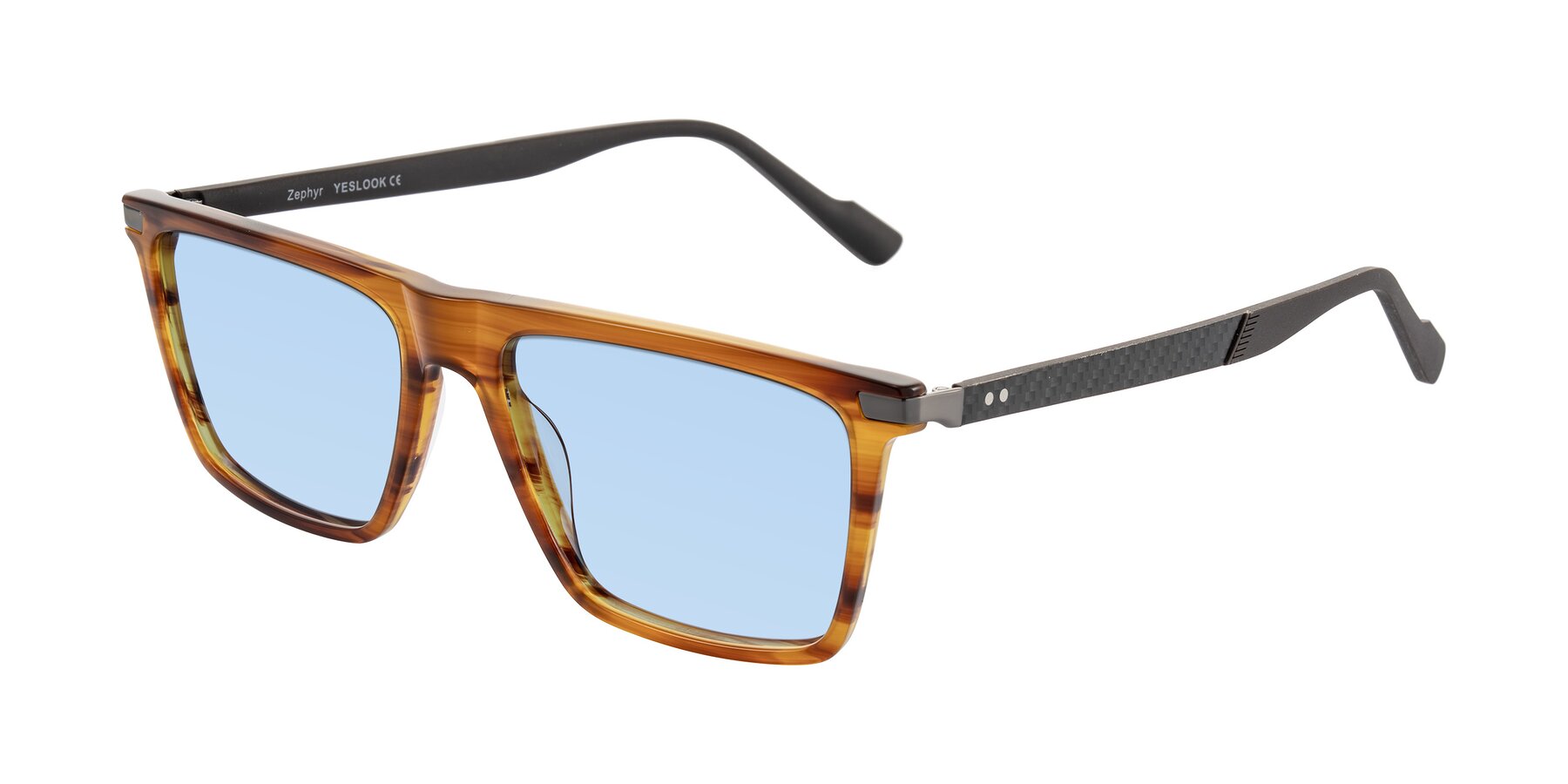 Angle of Zephyr in Amber Striped/Gray with Light Blue Tinted Lenses