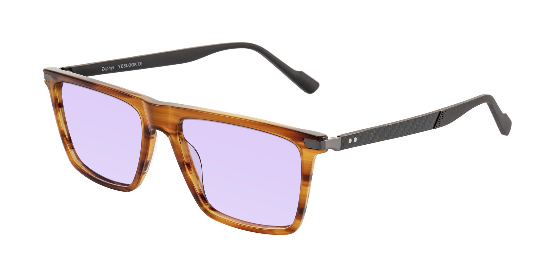 Angle of Zephyr in Amber Striped/Gray with Light Purple Tinted Lenses