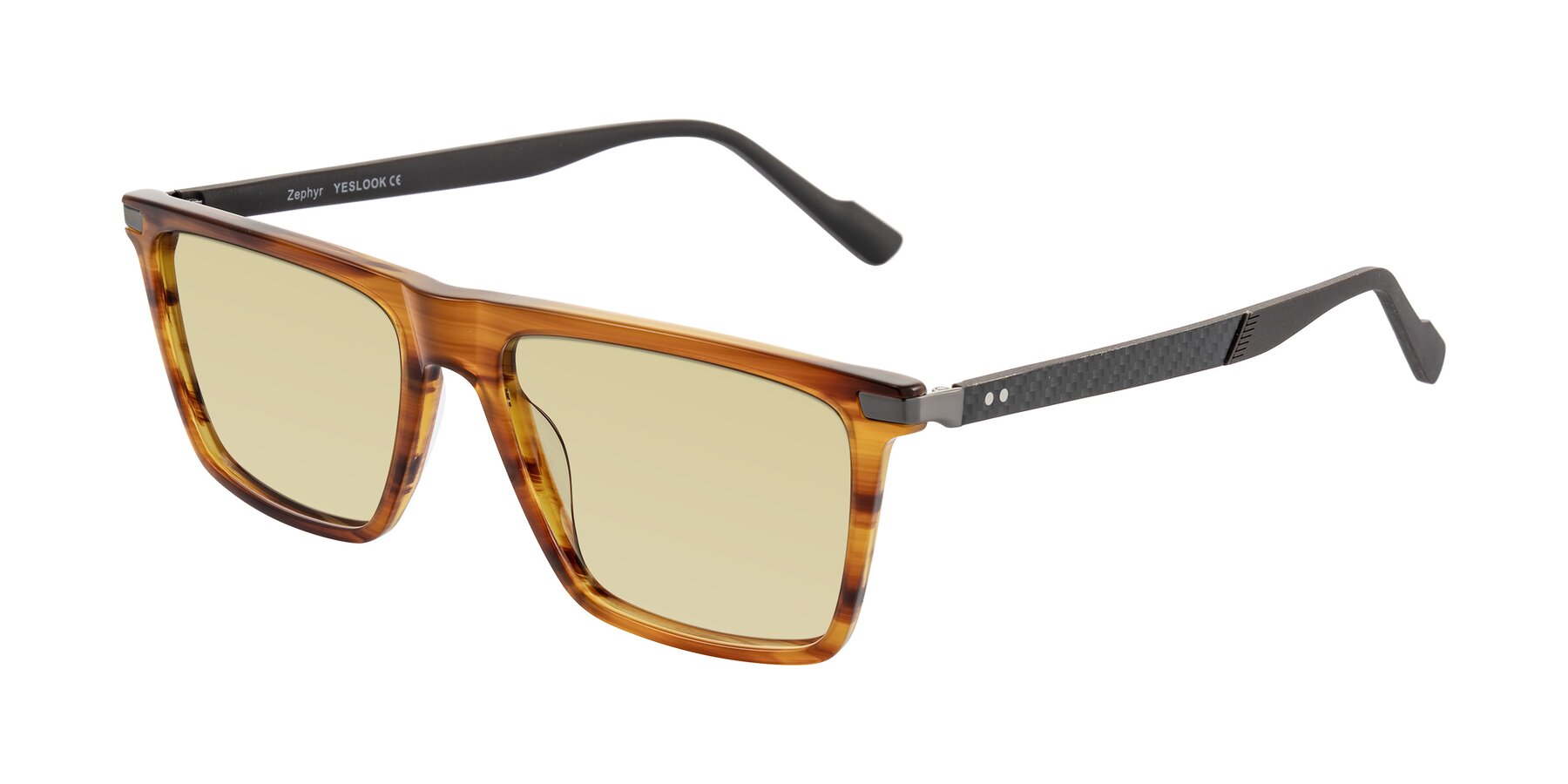 Angle of Zephyr in Amber Striped/Gray with Light Champagne Tinted Lenses