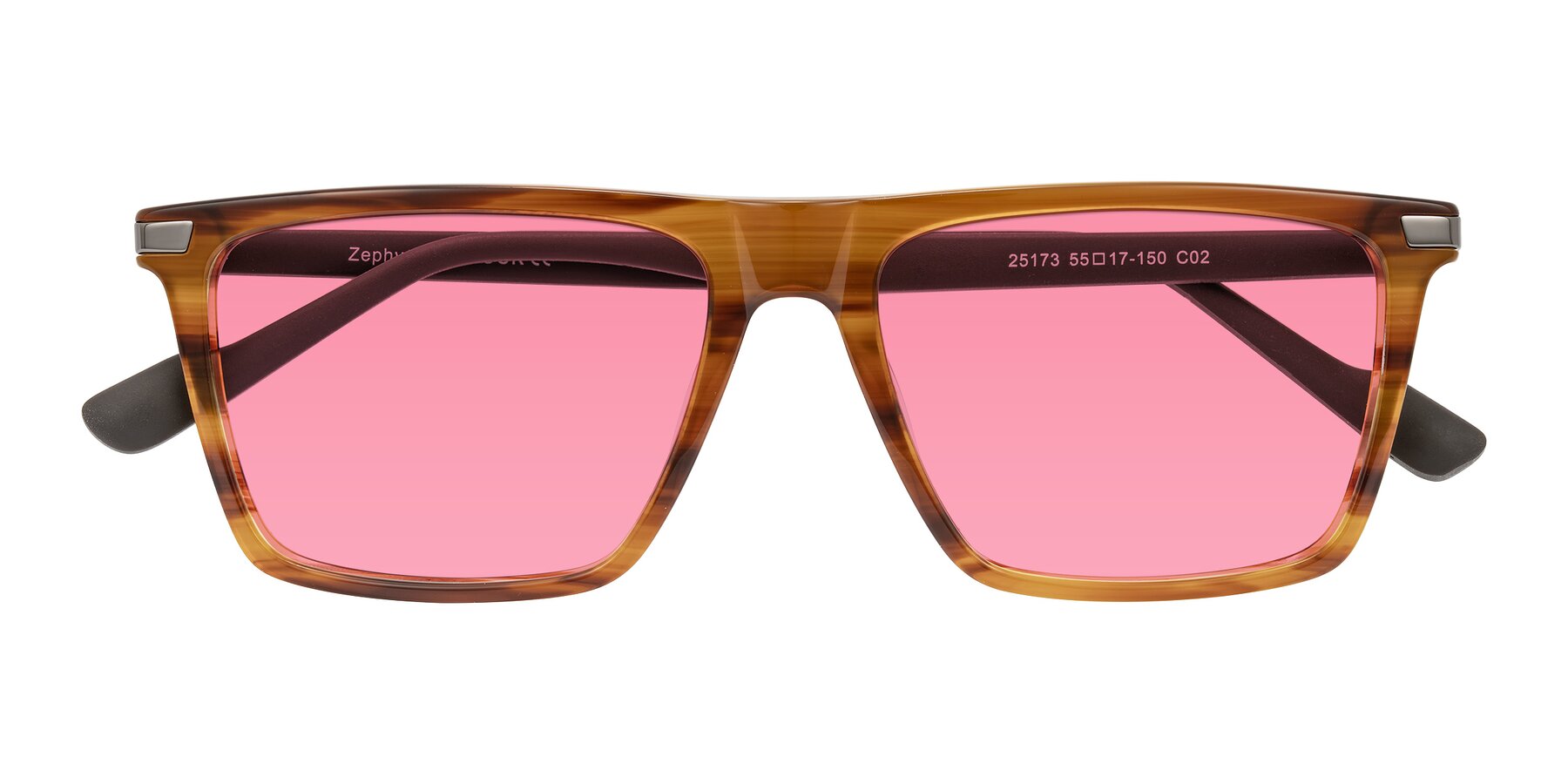 Folded Front of Zephyr in Amber Striped/Gray with Pink Tinted Lenses