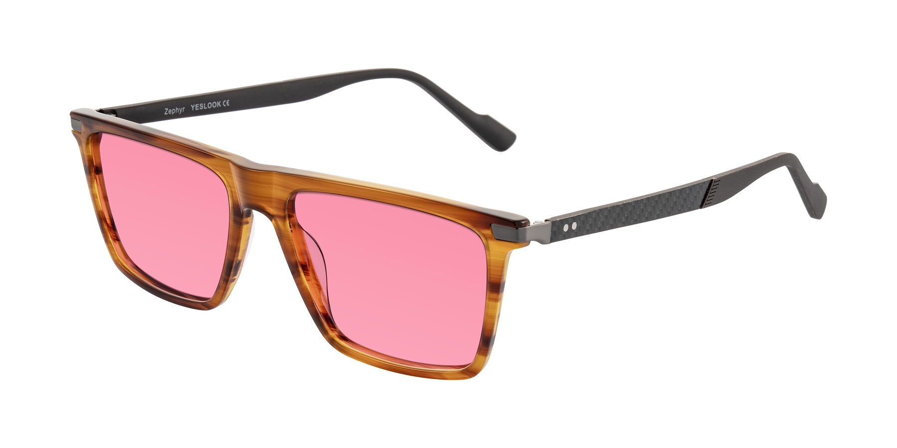 Angle of Zephyr in Amber Striped/Gray with Pink Tinted Lenses
