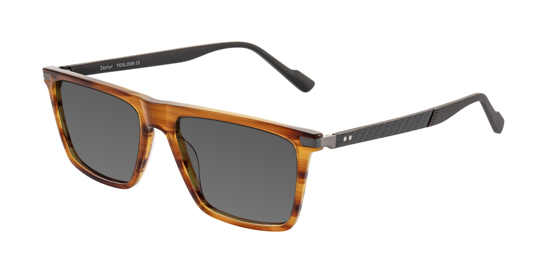 Angle of Zephyr in Amber Striped/Gray with Medium Gray Tinted Lenses