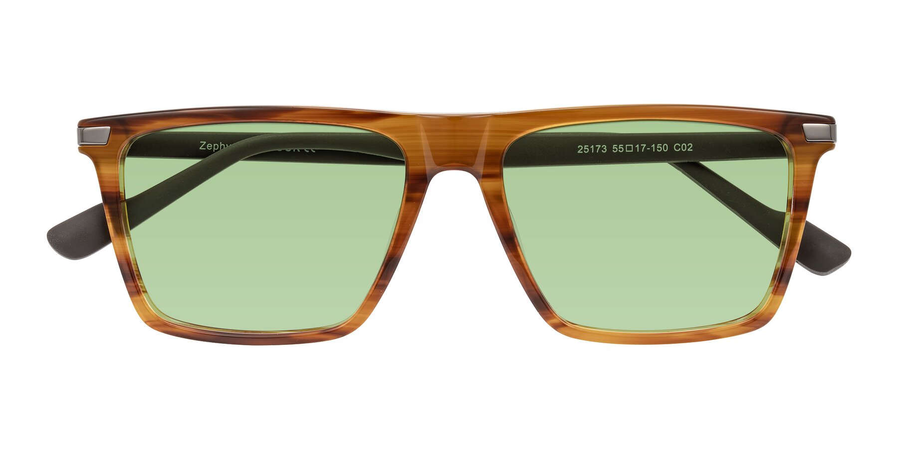 Folded Front of Zephyr in Amber Striped/Gray with Medium Green Tinted Lenses