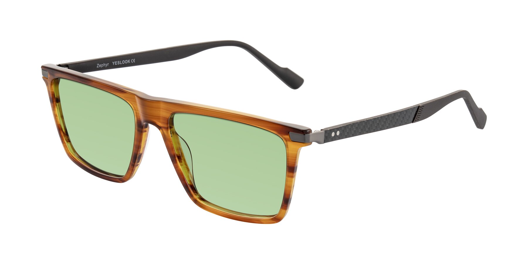 Angle of Zephyr in Amber Striped/Gray with Medium Green Tinted Lenses
