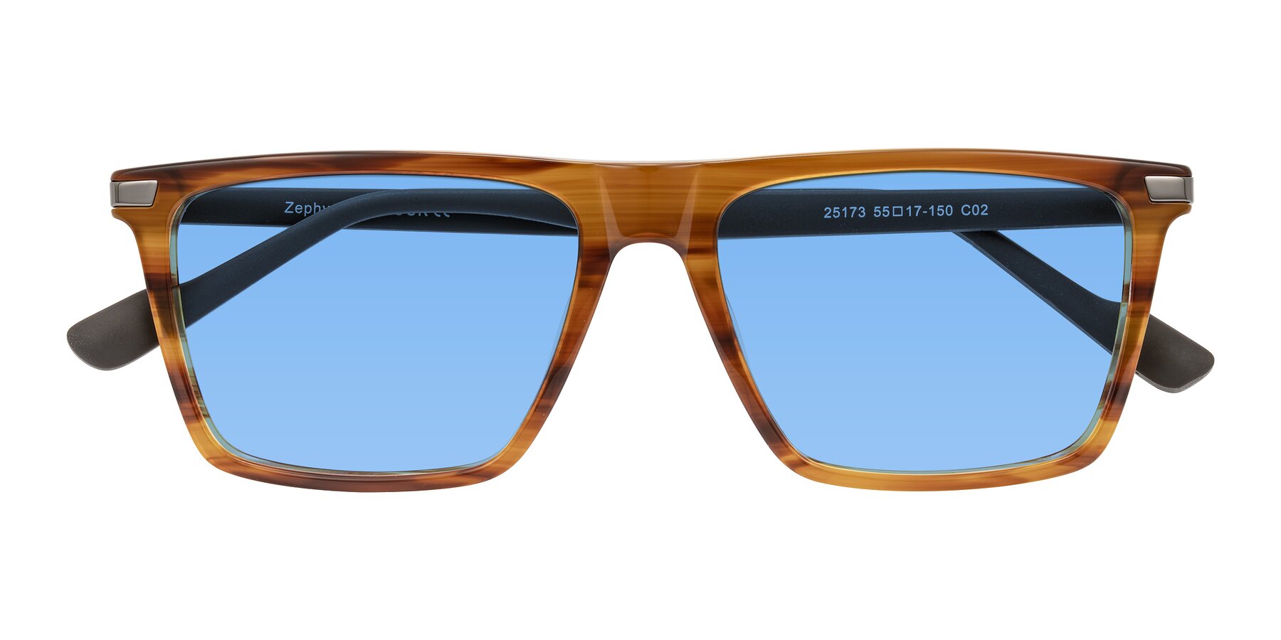 Folded Front of Zephyr in Amber Striped/Gray with Medium Blue Tinted Lenses