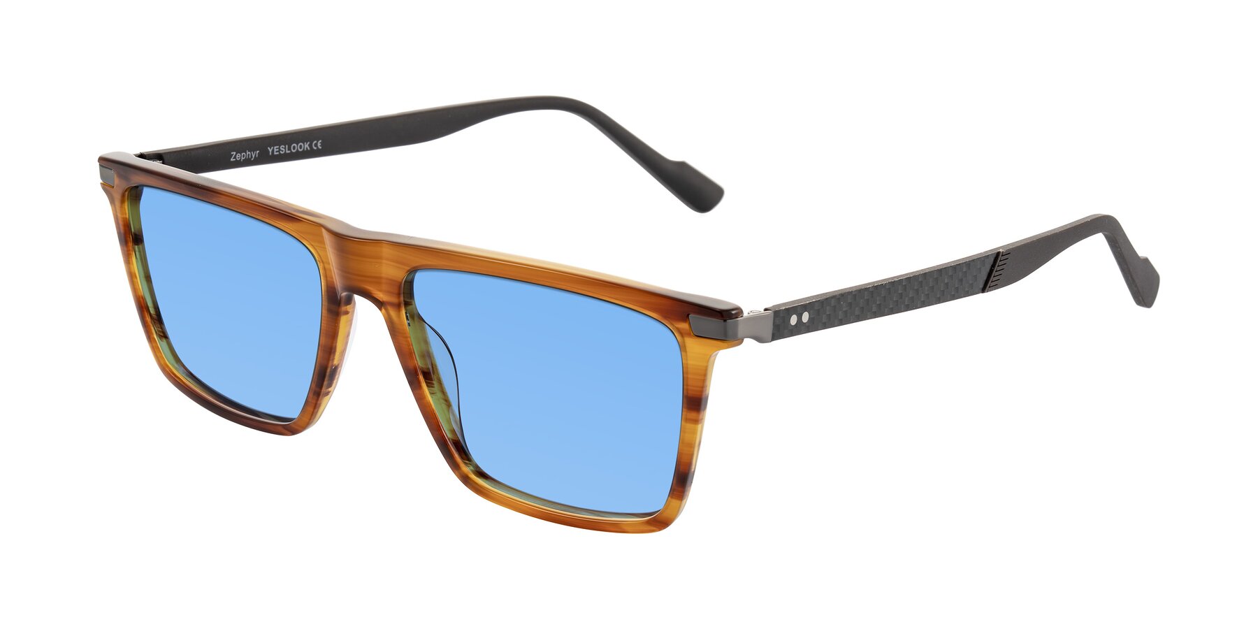 Angle of Zephyr in Amber Striped/Gray with Medium Blue Tinted Lenses
