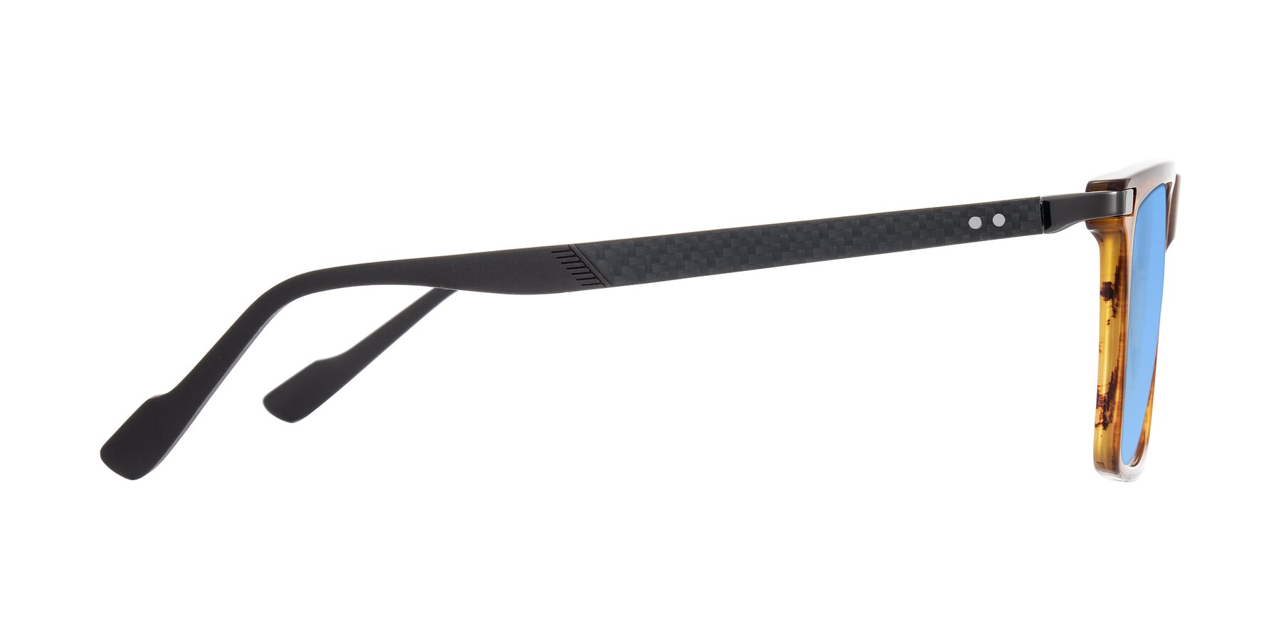 Side of Zephyr in Amber Striped/Gray with Medium Blue Tinted Lenses