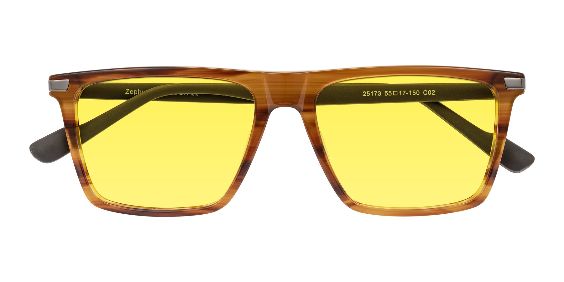 Folded Front of Zephyr in Amber Striped/Gray with Medium Yellow Tinted Lenses