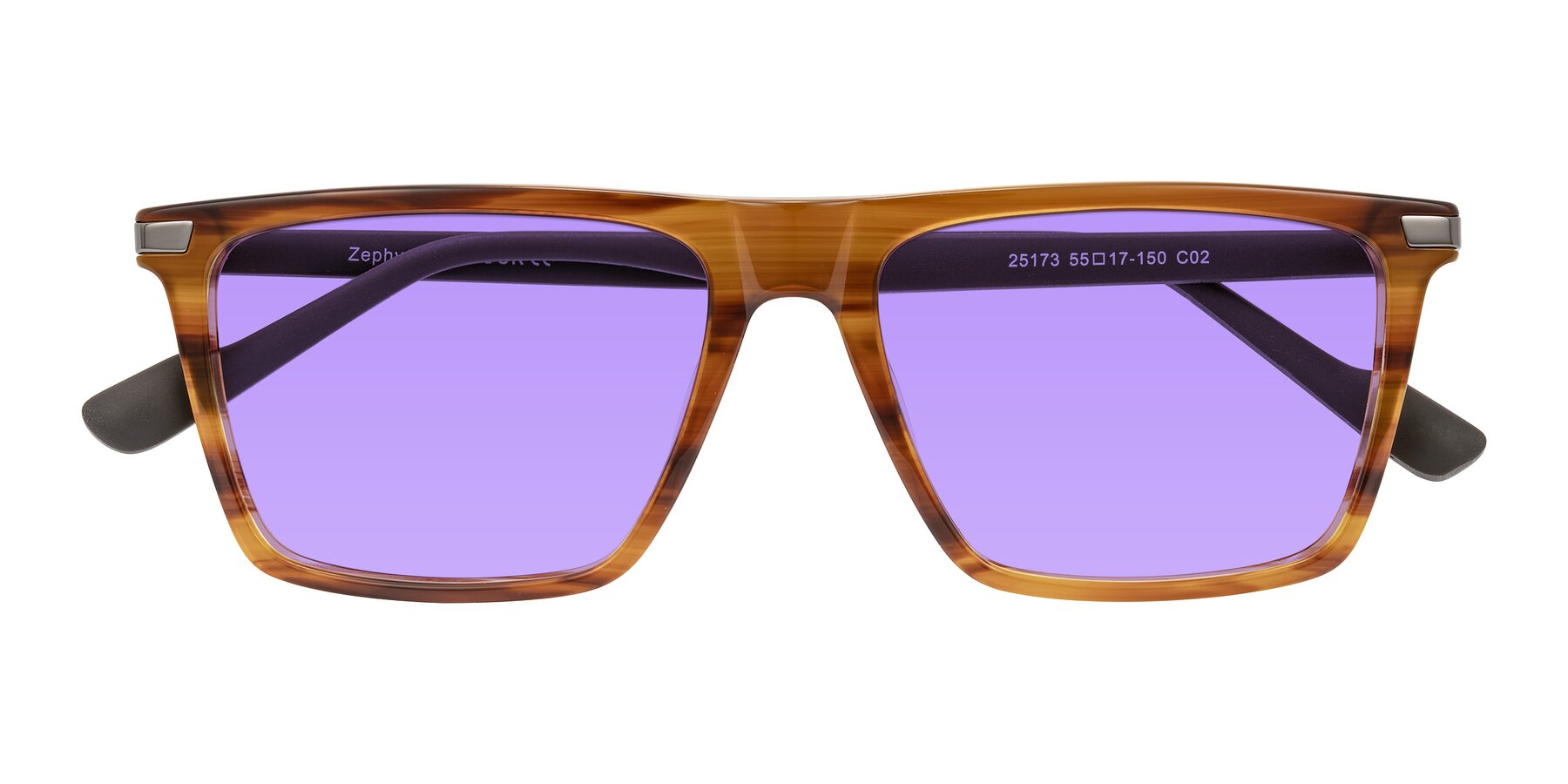 Folded Front of Zephyr in Amber Striped/Gray with Medium Purple Tinted Lenses