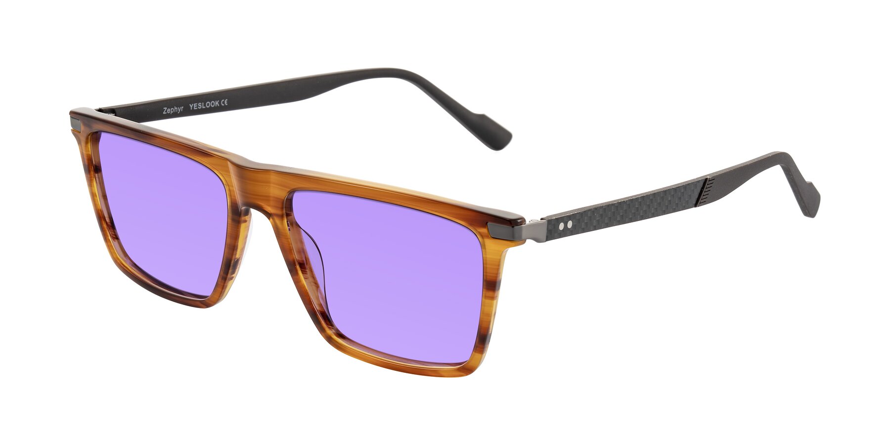 Angle of Zephyr in Amber Striped/Gray with Medium Purple Tinted Lenses