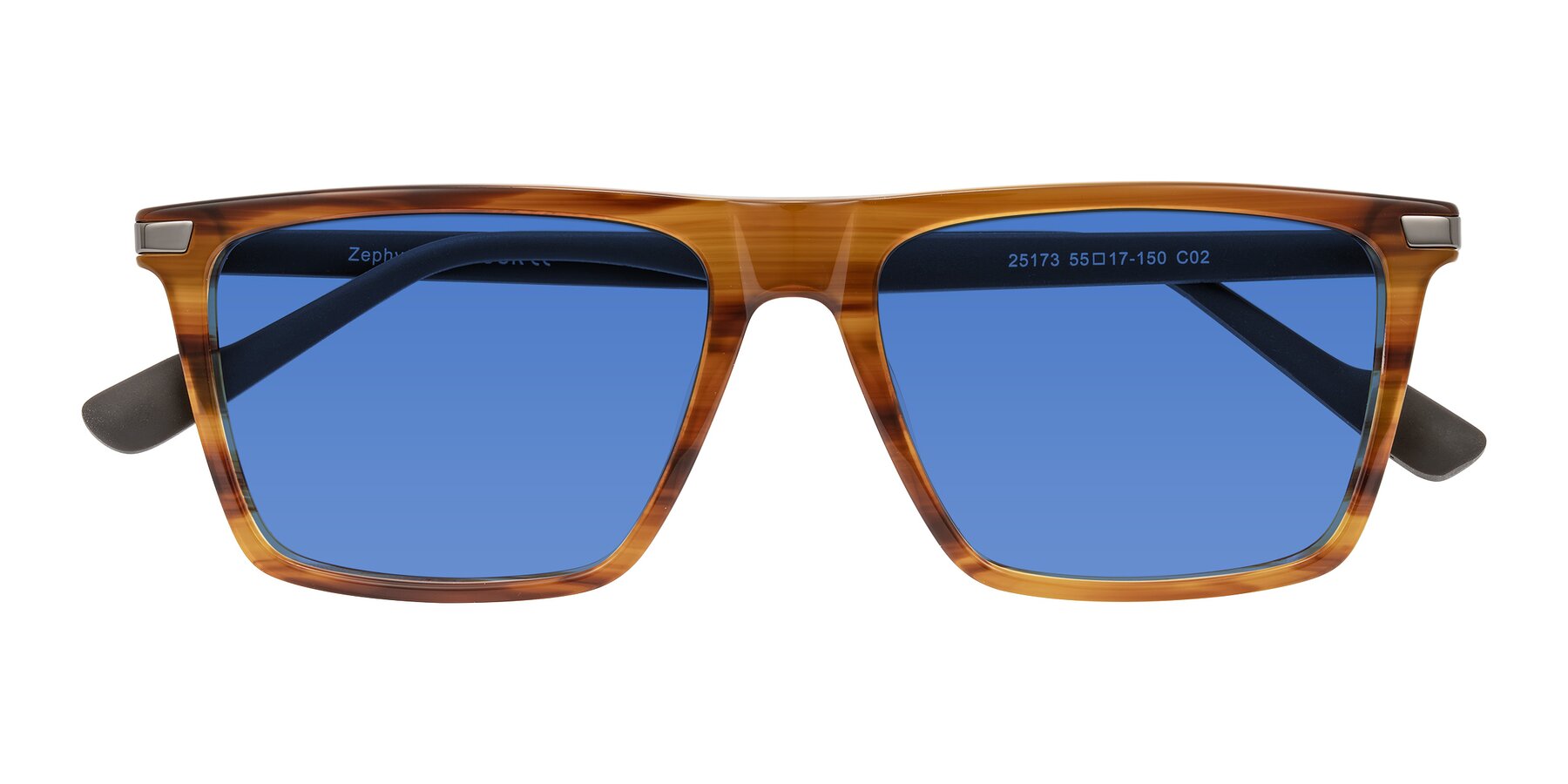 Folded Front of Zephyr in Amber Striped/Gray with Blue Tinted Lenses
