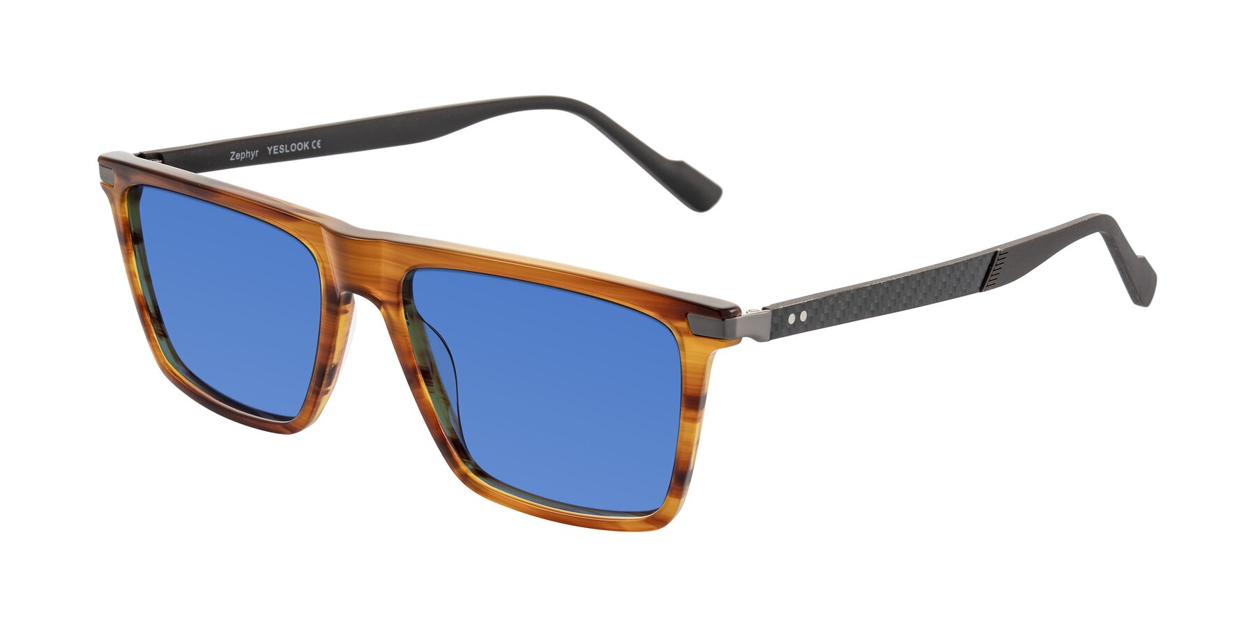 Angle of Zephyr in Amber Striped/Gray with Blue Tinted Lenses
