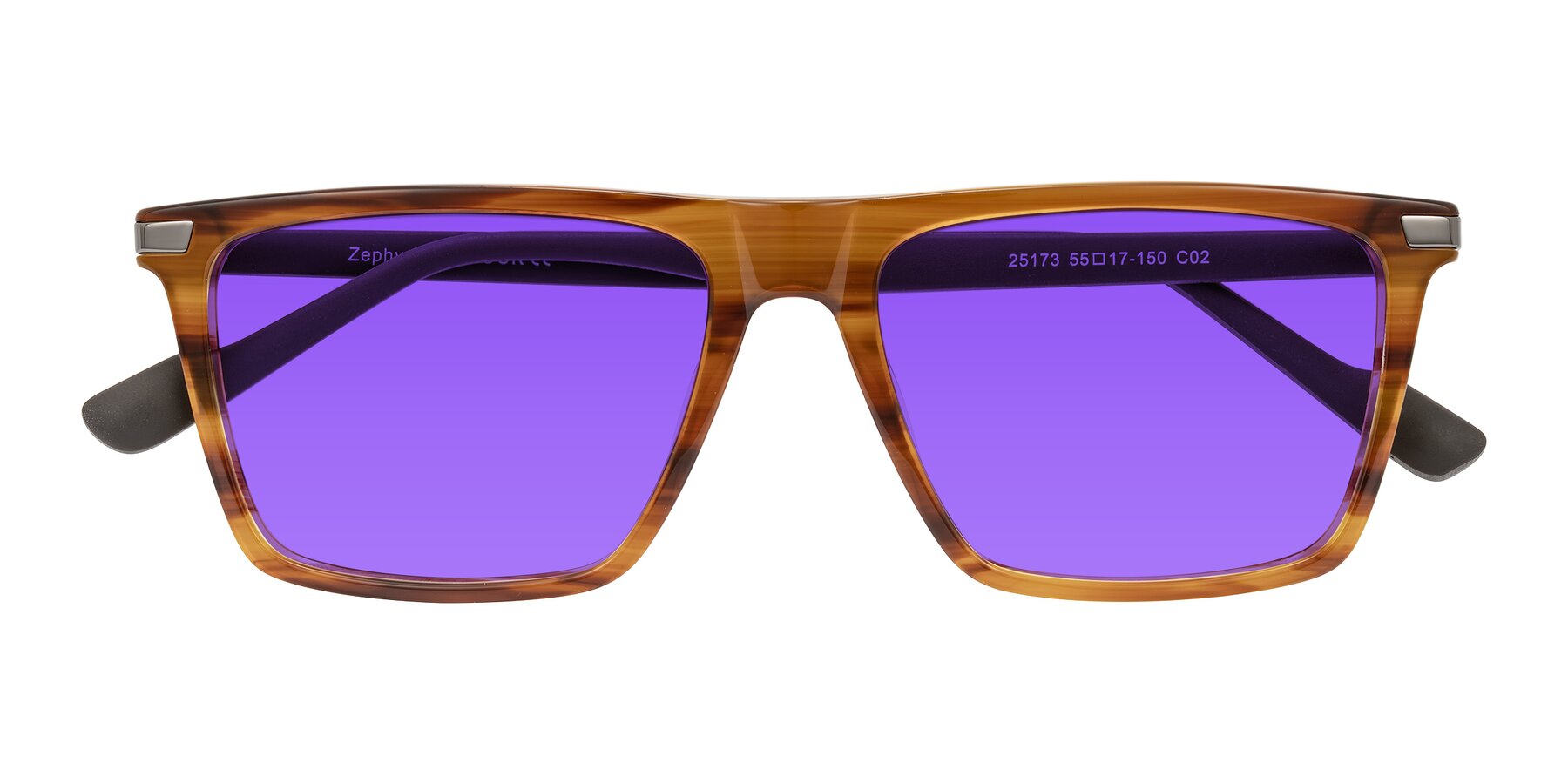 Folded Front of Zephyr in Amber Striped/Gray with Purple Tinted Lenses