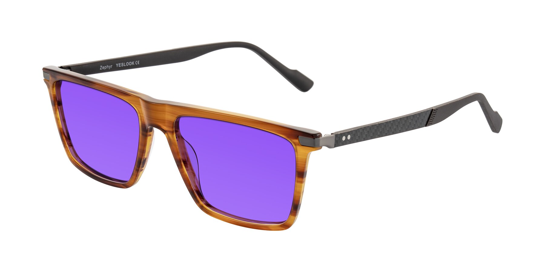 Angle of Zephyr in Amber Striped/Gray with Purple Tinted Lenses