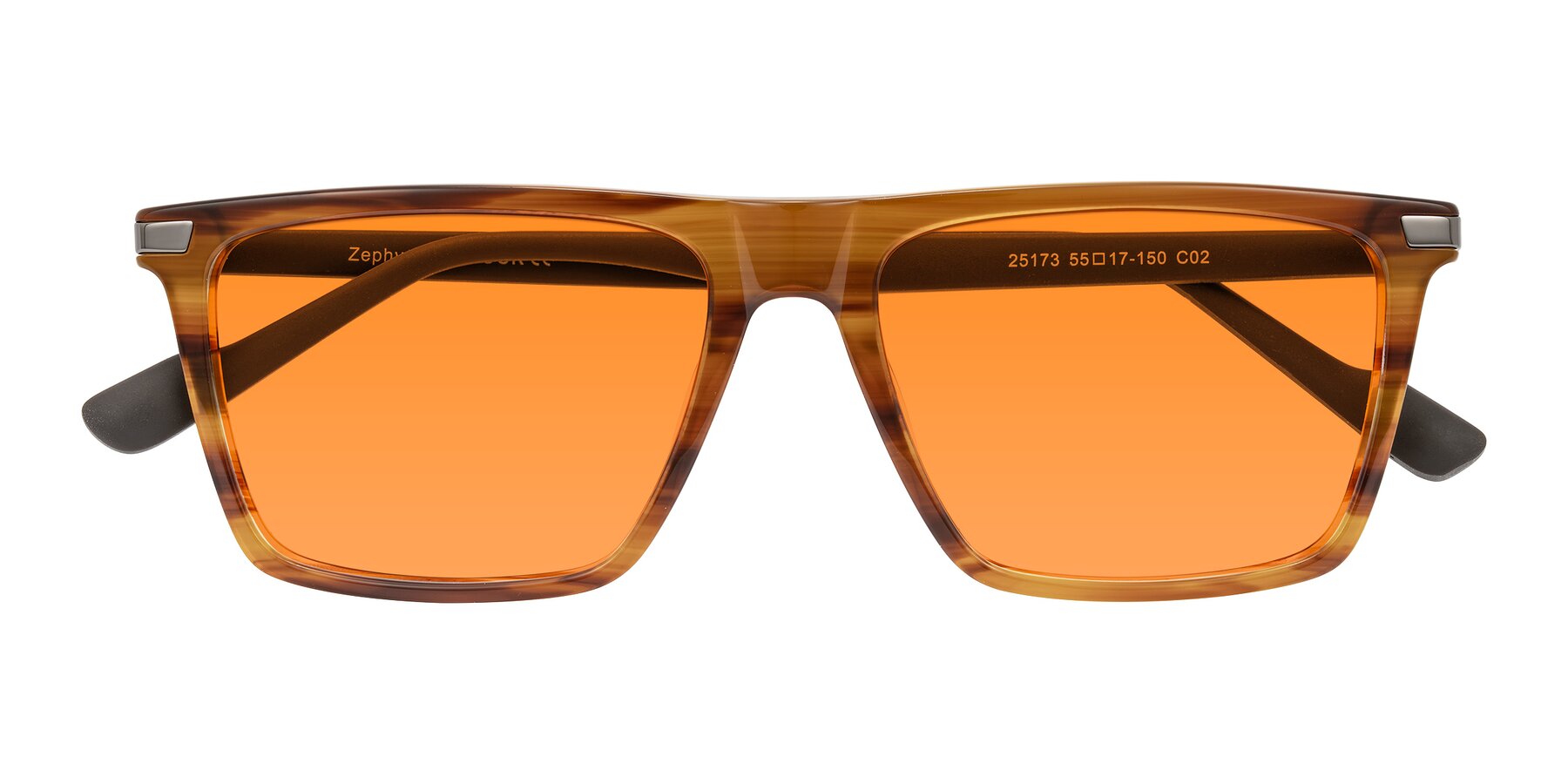 Folded Front of Zephyr in Amber Striped/Gray with Orange Tinted Lenses