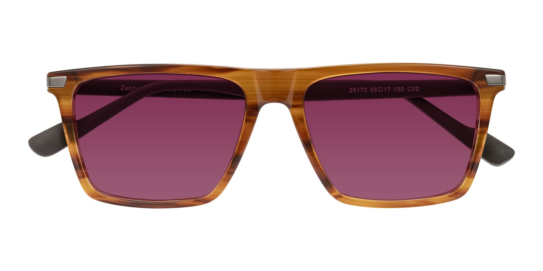 Folded Front of Zephyr in Amber Striped/Gray with Wine Tinted Lenses