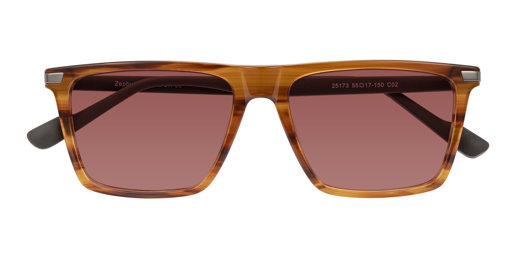 Folded Front of Zephyr in Amber Striped/Gray with Garnet Tinted Lenses
