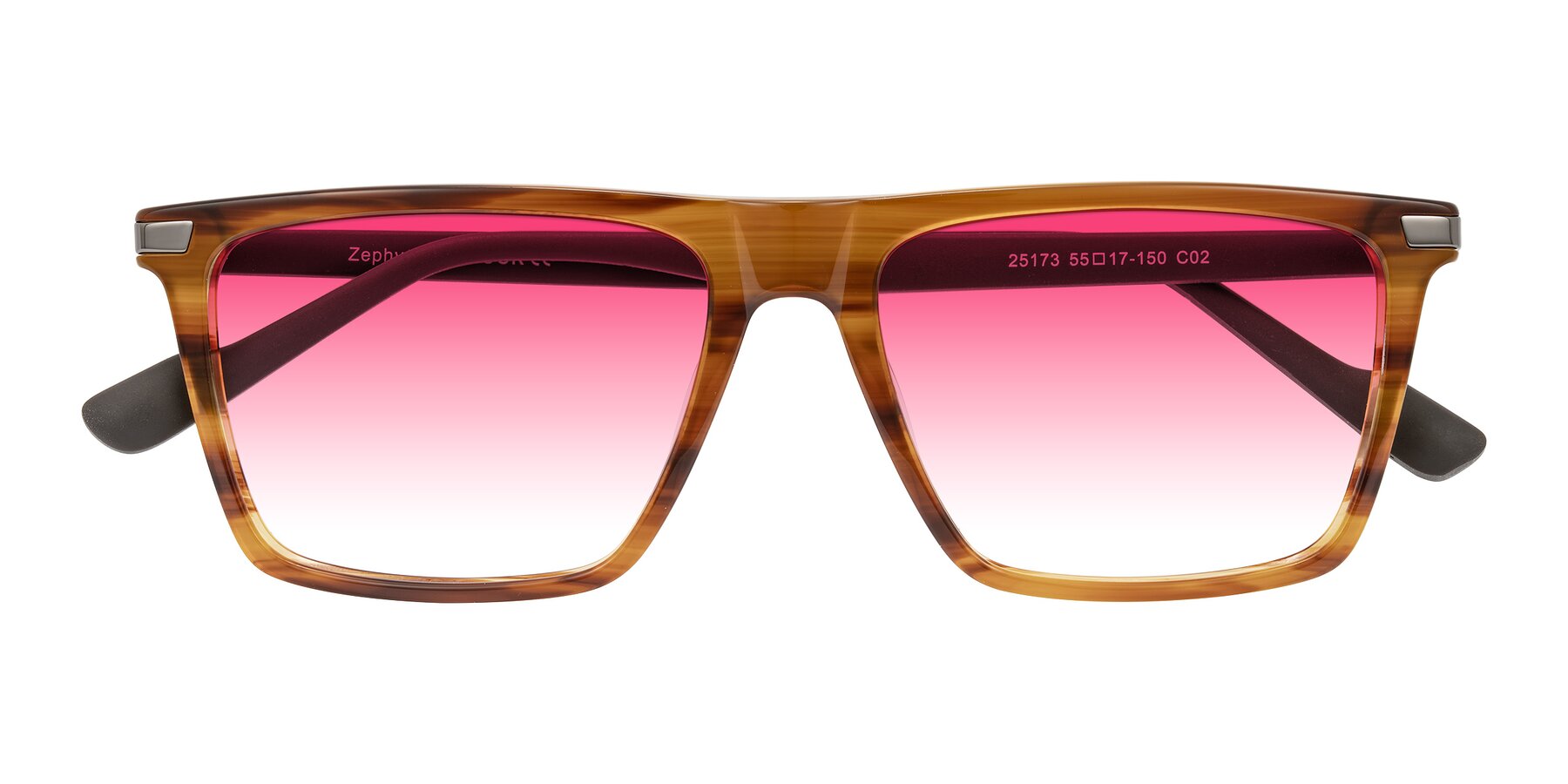 Folded Front of Zephyr in Amber Striped/Gray with Pink Gradient Lenses