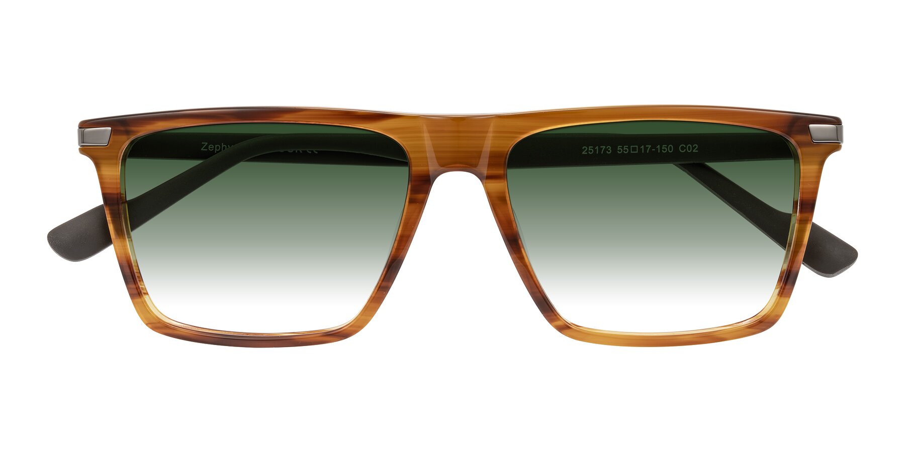 Folded Front of Zephyr in Amber Striped/Gray with Green Gradient Lenses