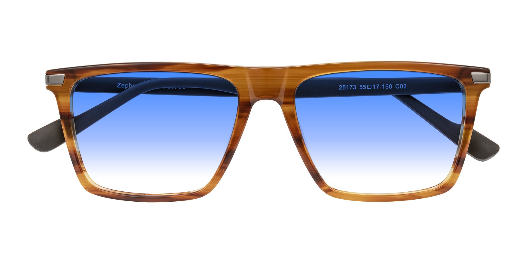 Folded Front of Zephyr in Amber Striped/Gray with Blue Gradient Lenses