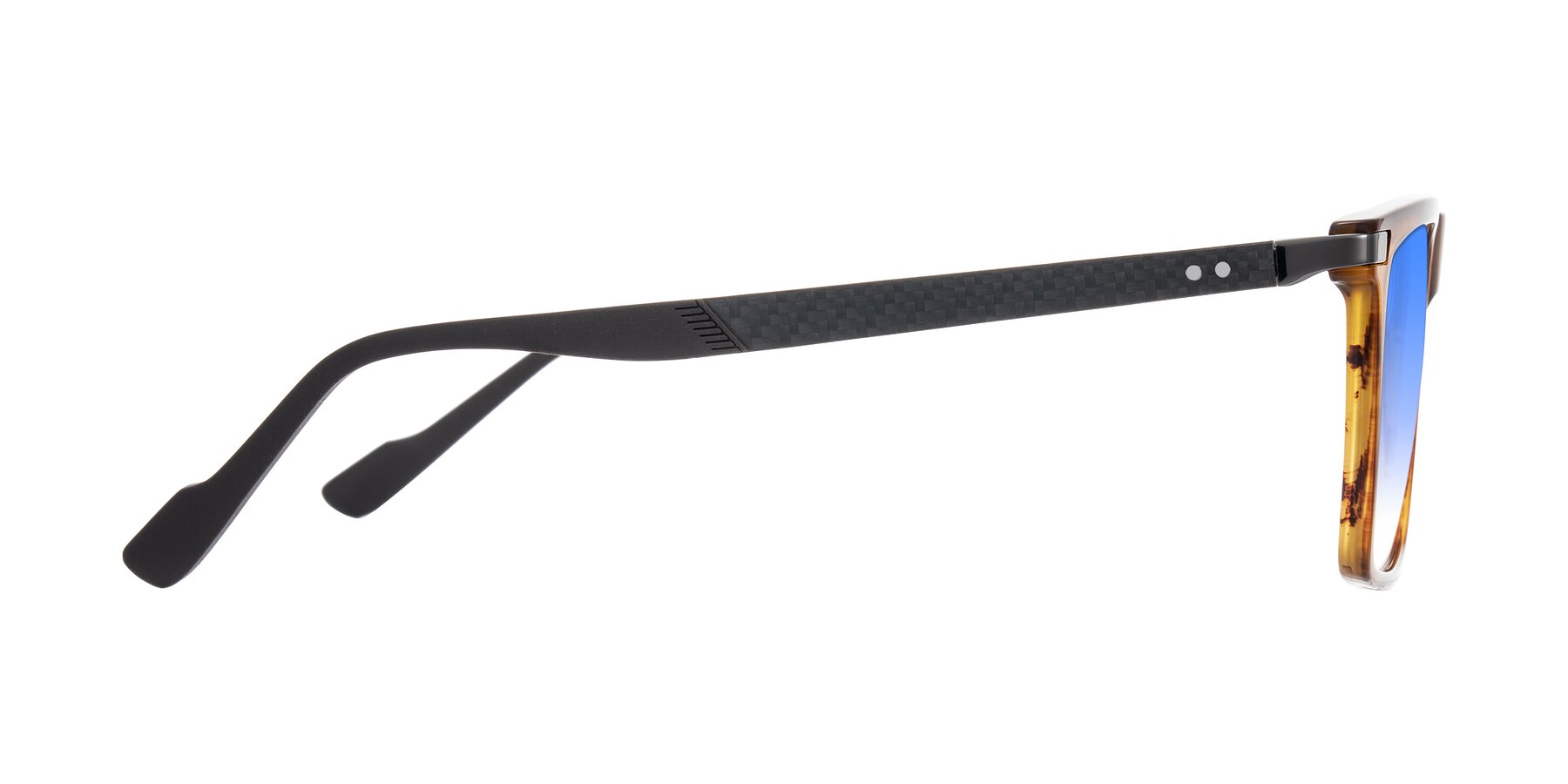 Side of Zephyr in Amber Striped/Gray with Blue Gradient Lenses