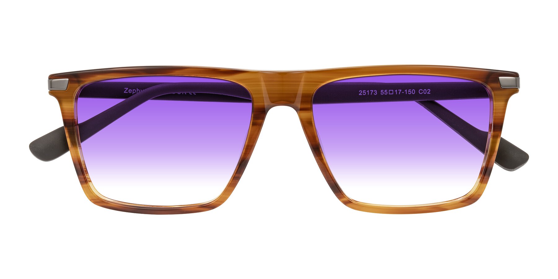 Folded Front of Zephyr in Amber Striped/Gray with Purple Gradient Lenses