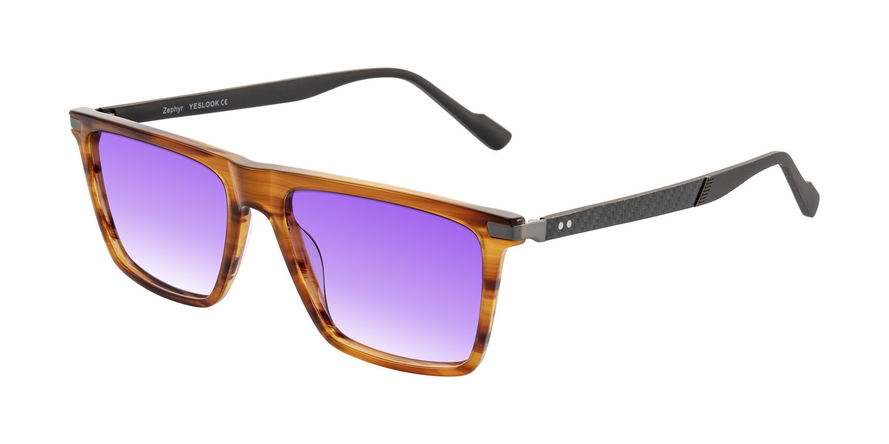 Angle of Zephyr in Amber Striped/Gray with Purple Gradient Lenses