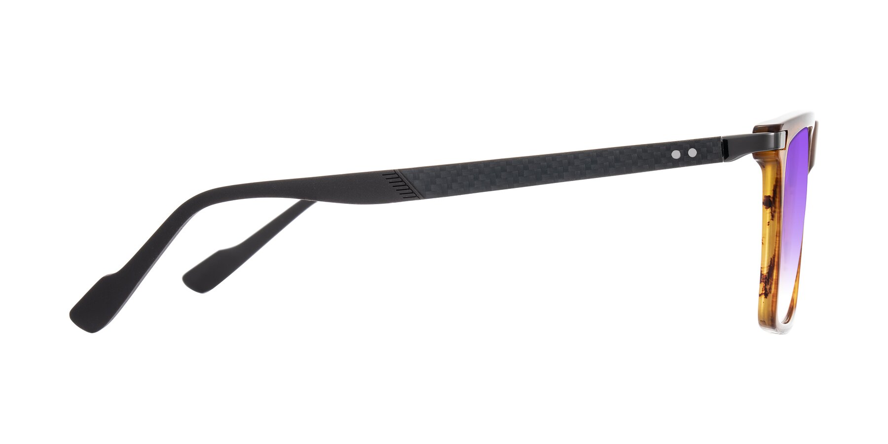 Side of Zephyr in Amber Striped/Gray with Purple Gradient Lenses