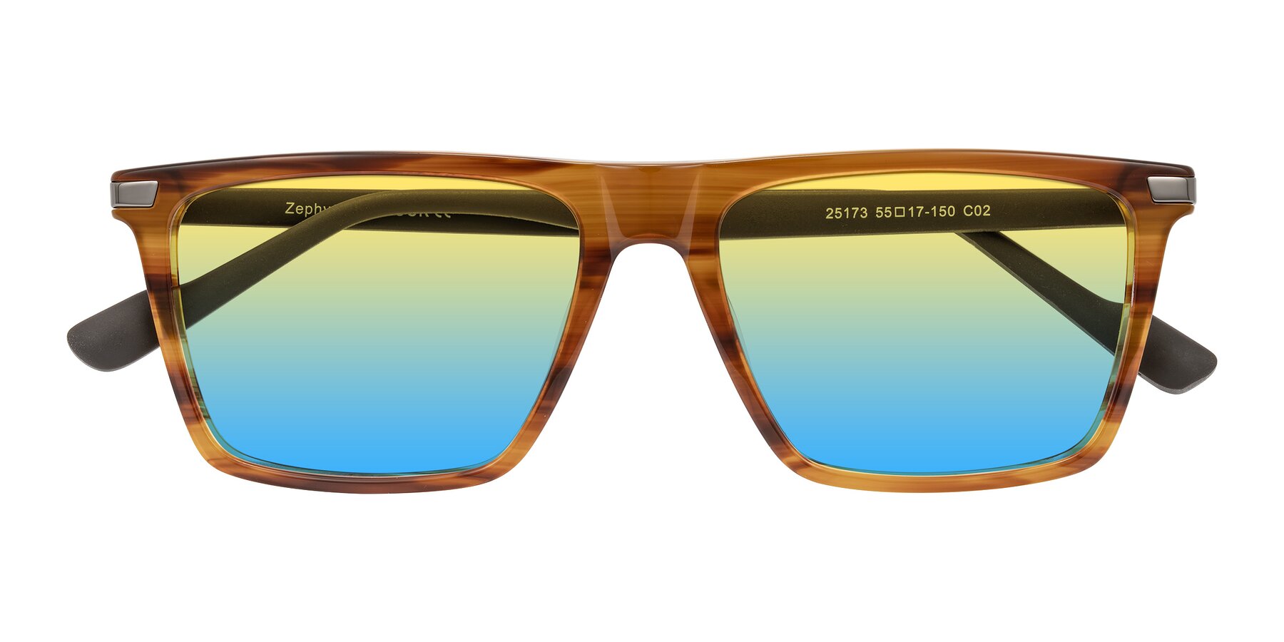 Folded Front of Zephyr in Amber Striped/Gray with Yellow / Blue Gradient Lenses