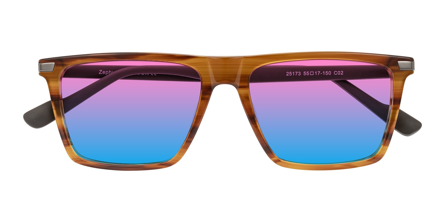 Folded Front of Zephyr in Amber Striped/Gray with Pink / Blue Gradient Lenses