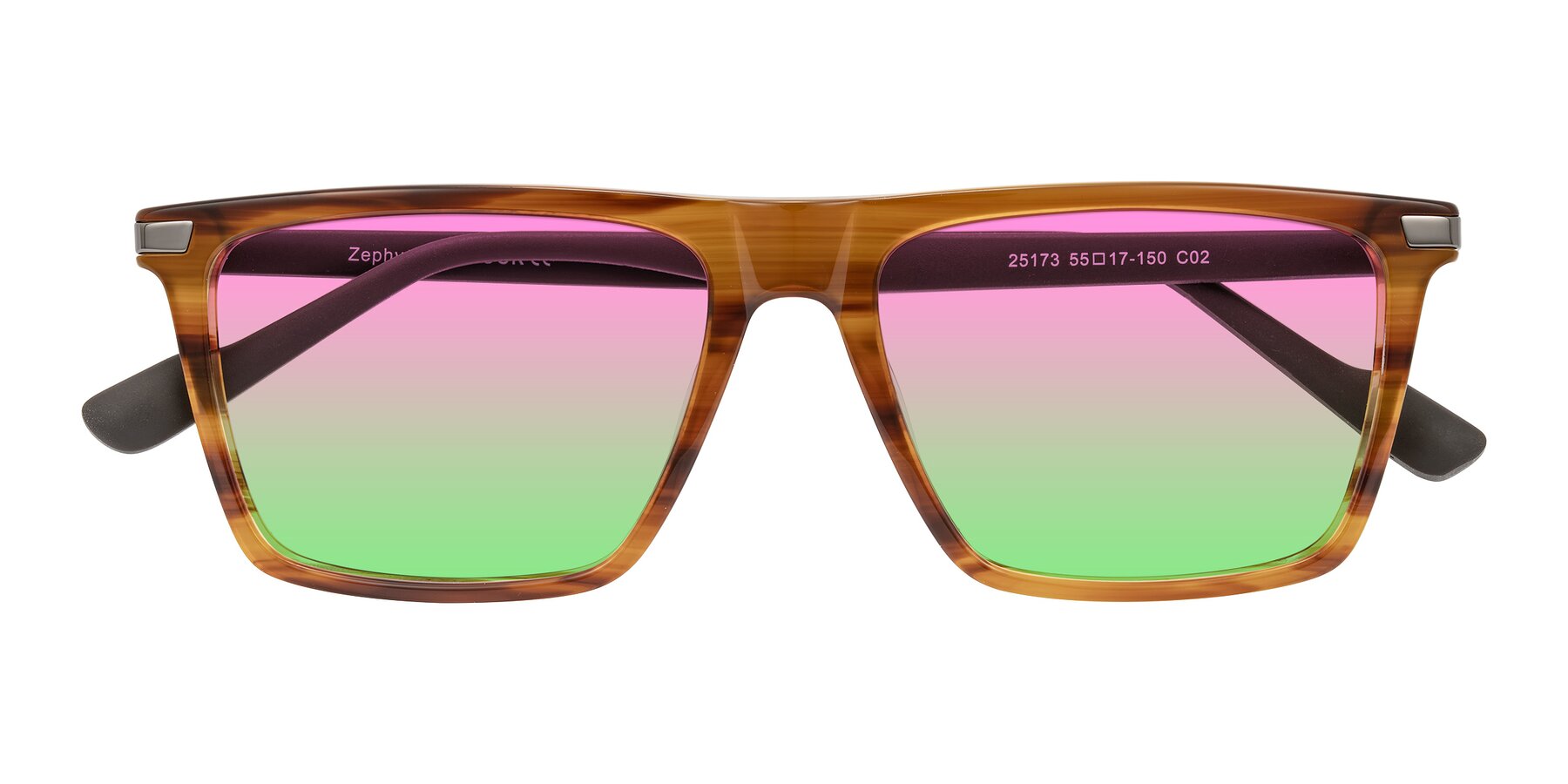 Folded Front of Zephyr in Amber Striped/Gray with Pink / Green Gradient Lenses