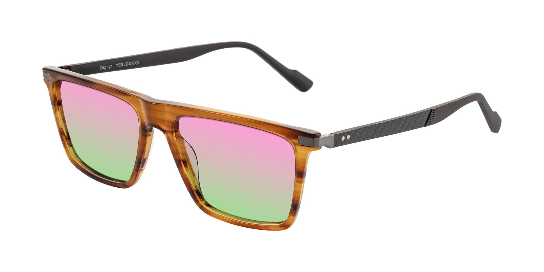 Angle of Zephyr in Amber Striped/Gray with Pink / Green Gradient Lenses