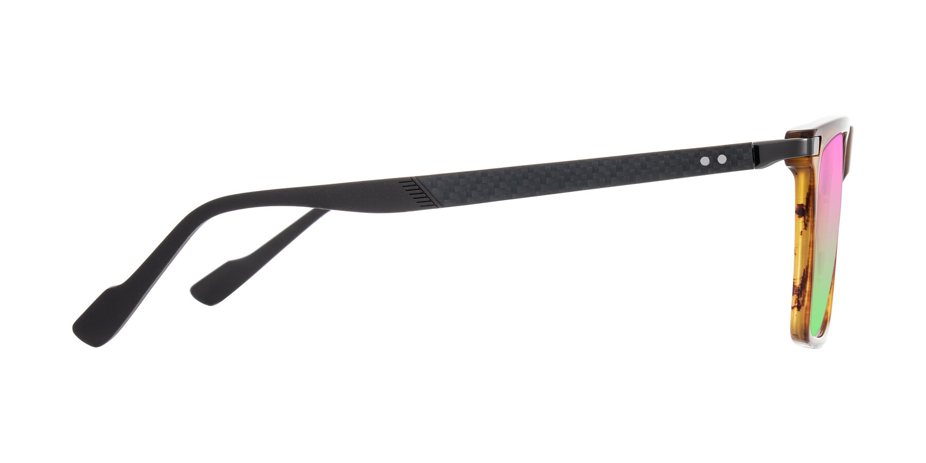 Side of Zephyr in Amber Striped/Gray with Pink / Green Gradient Lenses