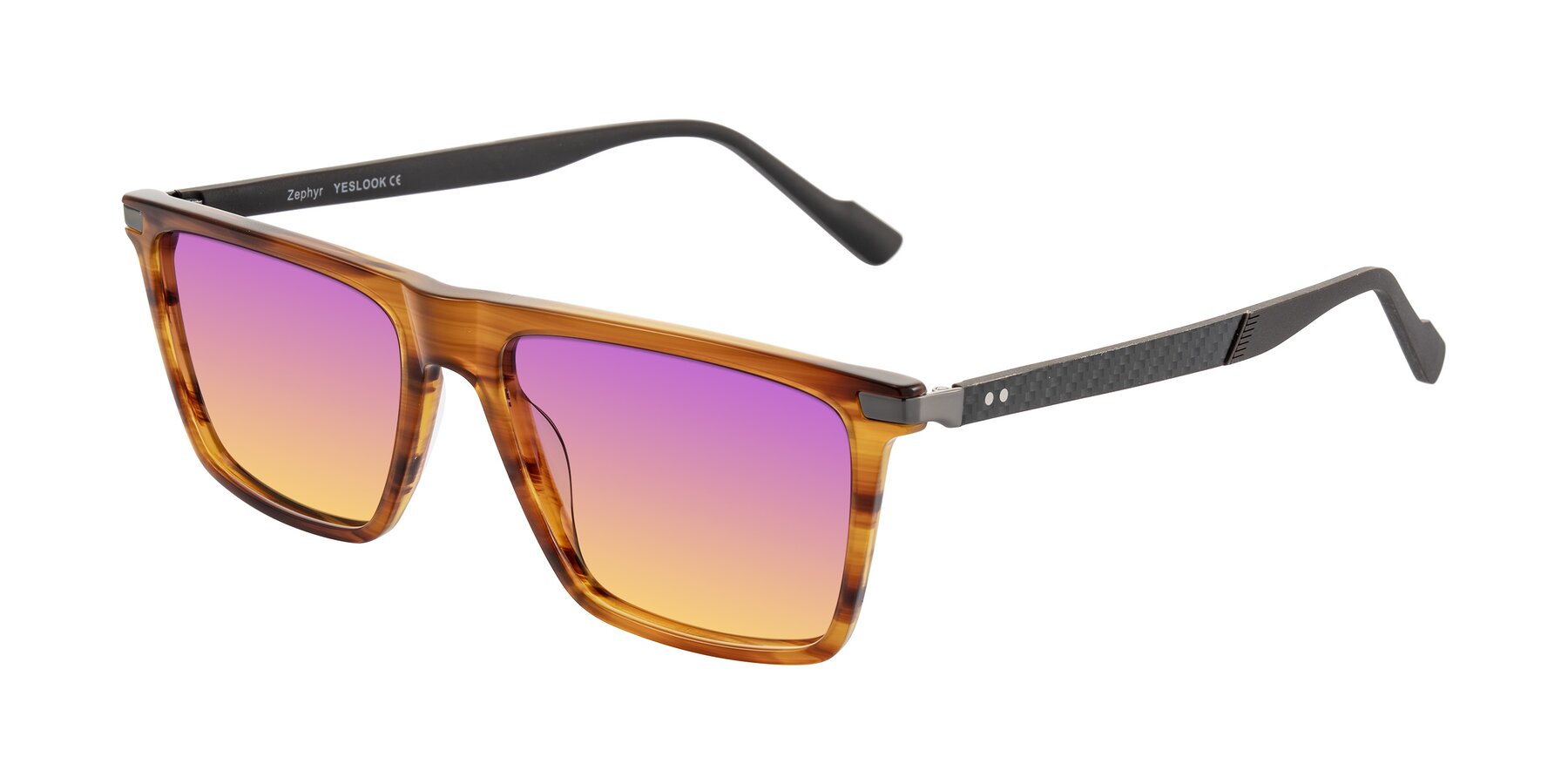 Angle of Zephyr in Amber Striped/Gray with Purple / Yellow Gradient Lenses
