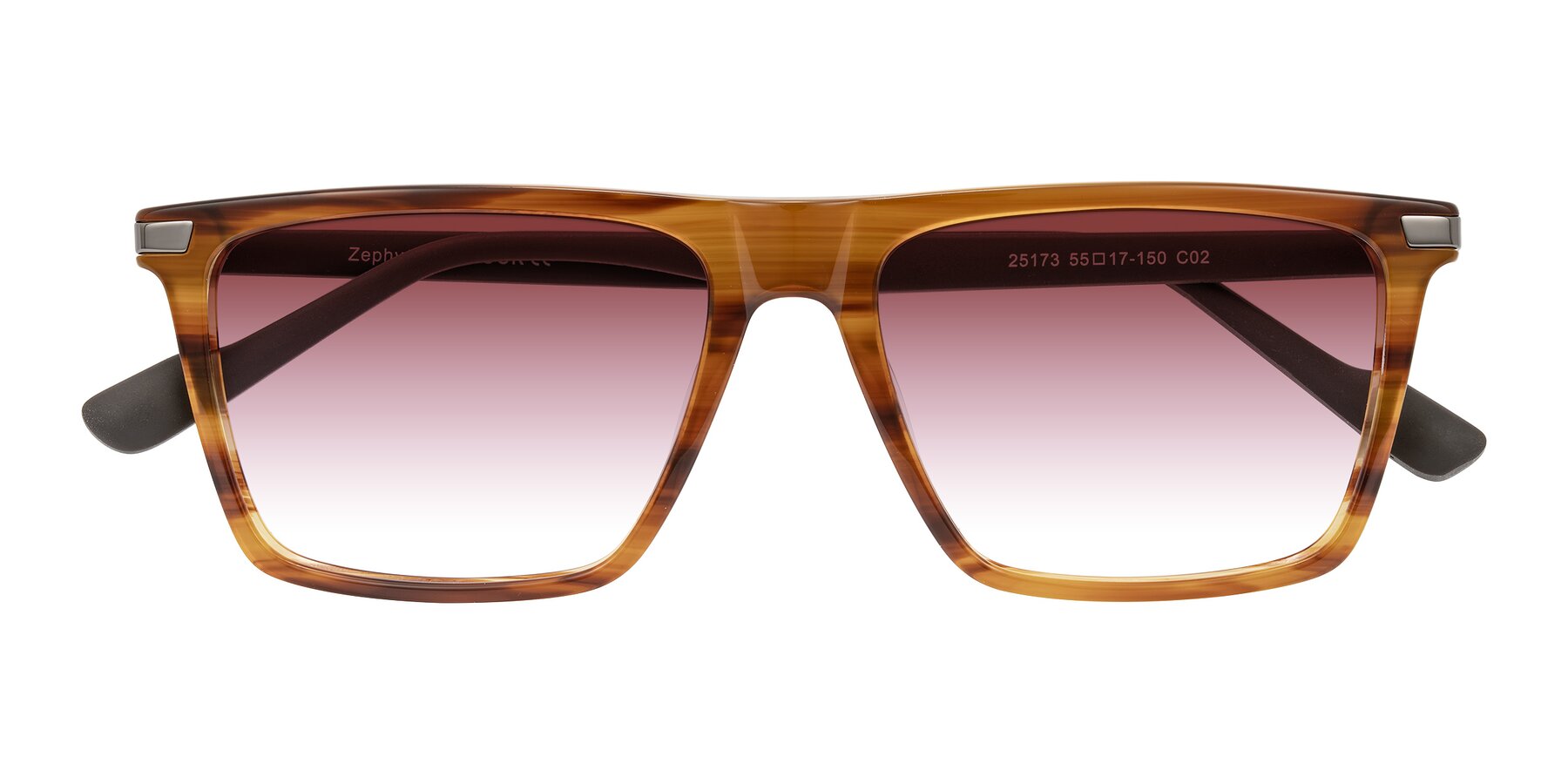 Folded Front of Zephyr in Amber Striped/Gray with Garnet Gradient Lenses