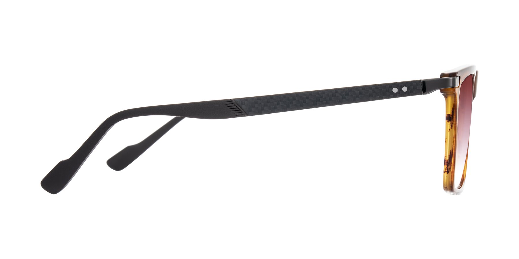 Side of Zephyr in Amber Striped/Gray with Garnet Gradient Lenses