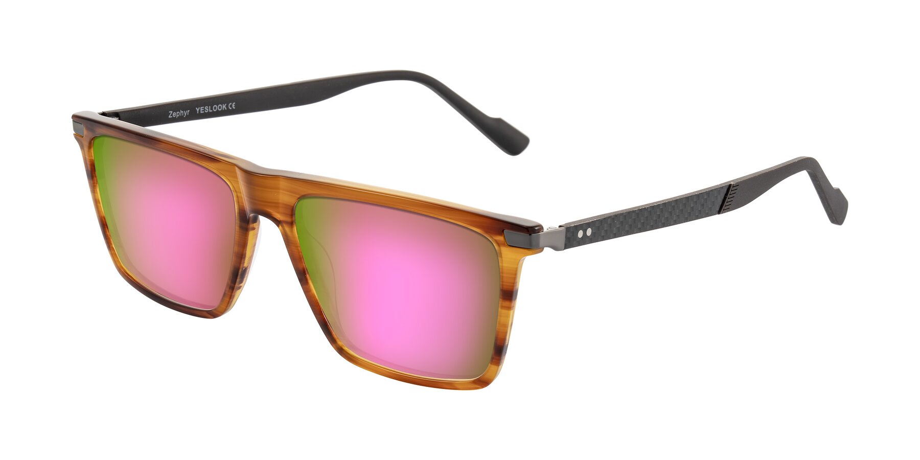 Angle of Zephyr in Amber Striped/Gray with Pink Mirrored Lenses