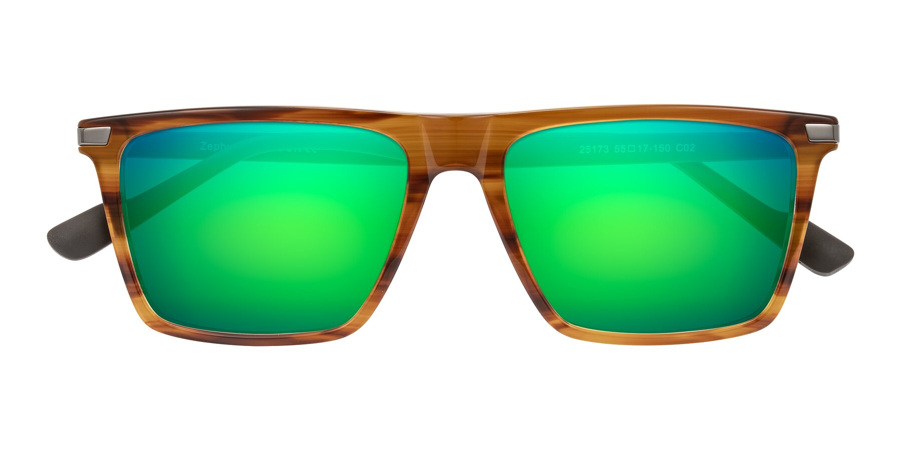 Folded Front of Zephyr in Amber Striped/Gray with Green Mirrored Lenses